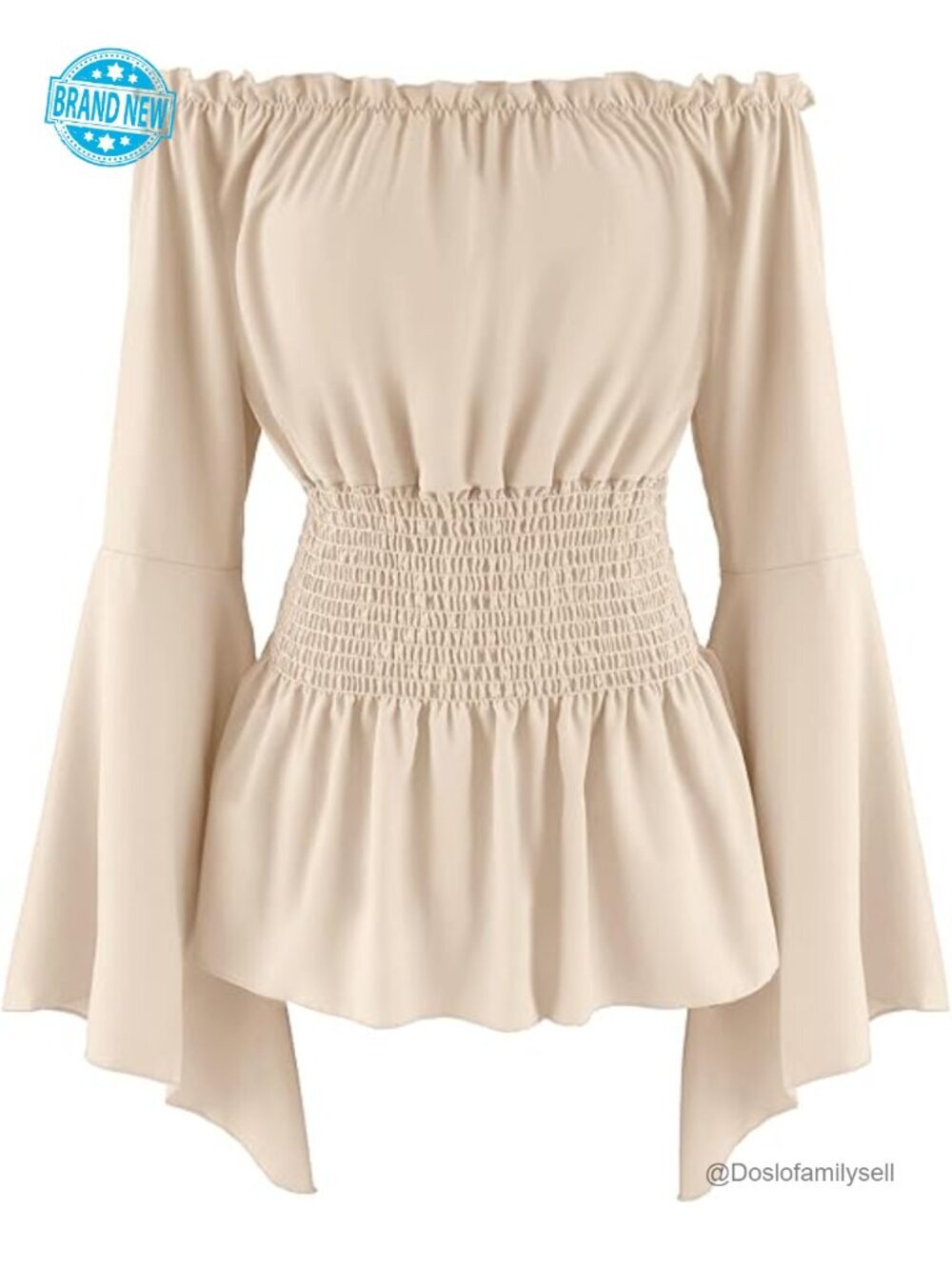 Renaissance Off Shoulder Blouse Long Sleeve Ruffle Bell Sleeve Smocked Peasant